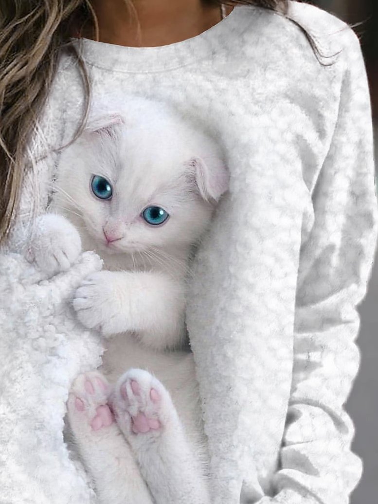 Women's Animal Cat Print Crew Neck Casual Long Sleeve Sweatshirt Spring/Fall