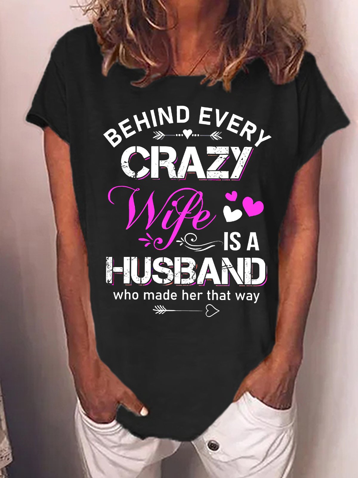 Women's Being Every Crazy Wife Is A Husband Who Made Her That Way Funny Funny Graphic Print Crew Neck Casual Text Letters T-Shirt