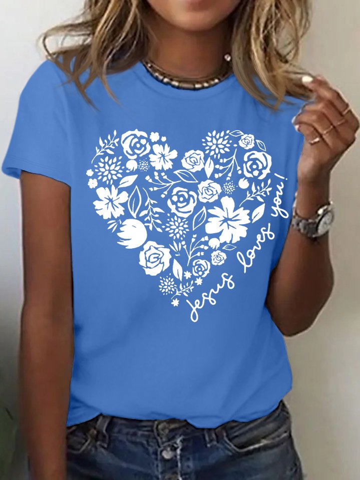 Women's Casual Floral Heart Jesus Loves You Christian Crew Neck Cotton T-Shirt