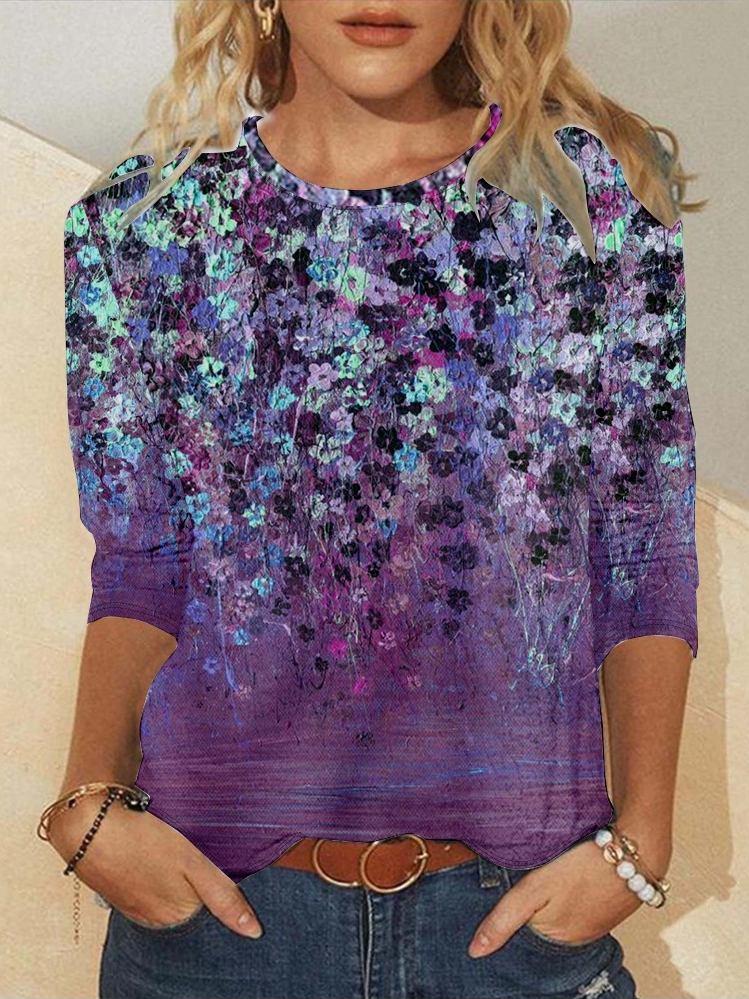 Women's Art Purple Flower Print Casual Crew Neck Regular Fit Plants Shirt