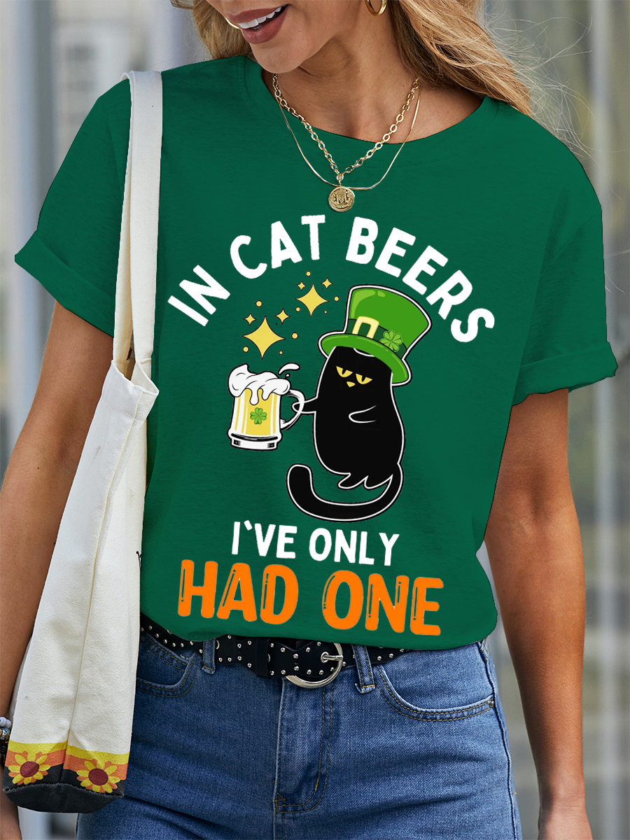 Women's Funny Cat St Patrick’s Day Crew Neck Simple T-Shirt