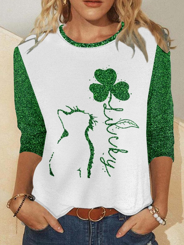 Women's Funny Cat St. Patrick's Day Crew Neck Simple Regular Fit Four-Leaf Clover Shirt