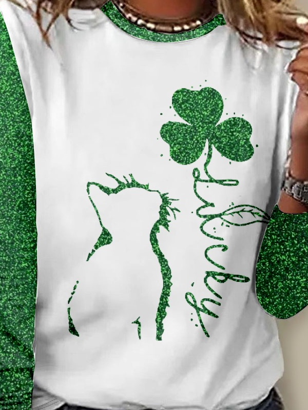 Women's Funny Cat St. Patrick's Day Crew Neck Simple Regular Fit Four-Leaf Clover Shirt