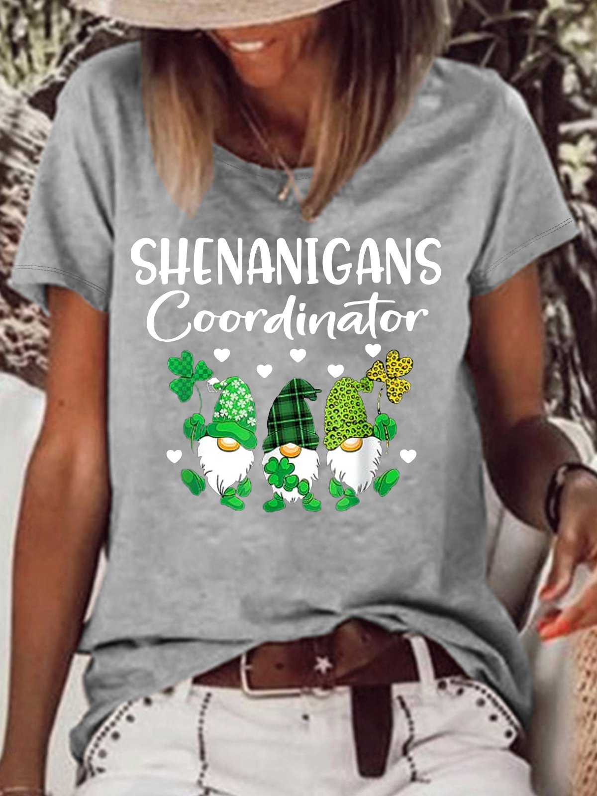 Women‘s Shenanigans Coordinator St Patricks Day Gnomes Crew Neck Casual etters T-Shirt