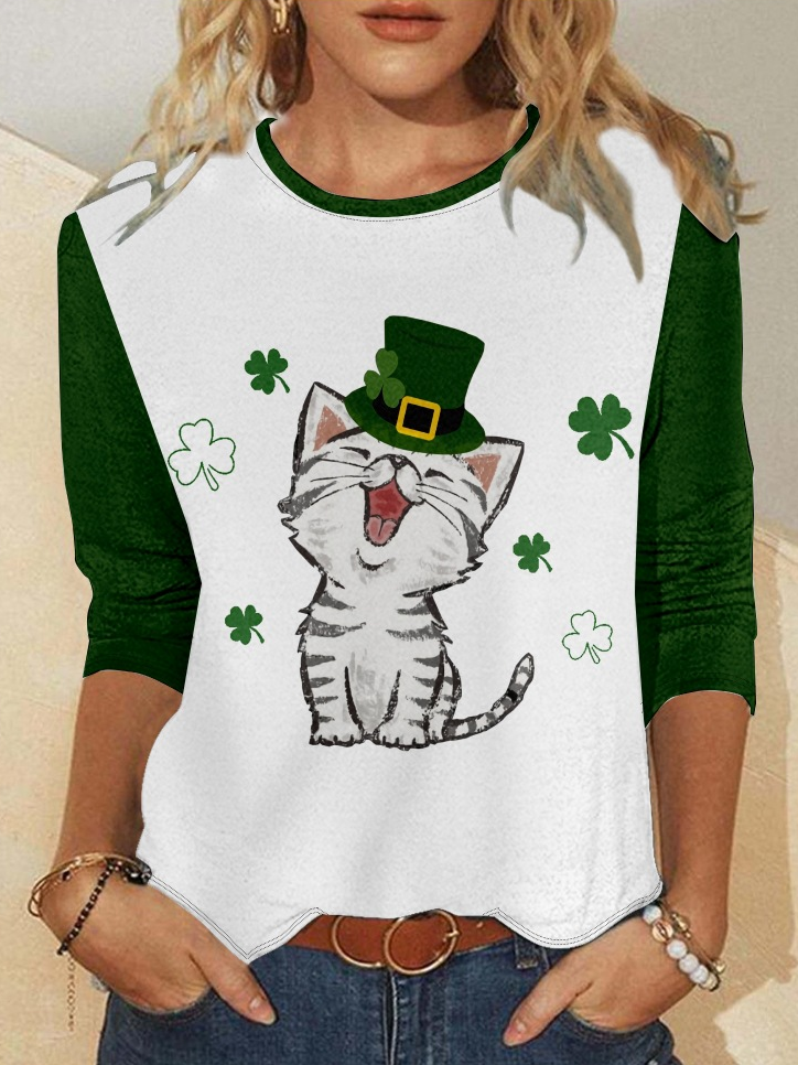 Women's Funny Cat Four-Leaf Clover Crew Neck Simple Regular Fit Shirt
