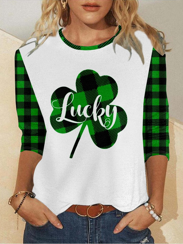 Women's St. Patrick's Day Green Buffalo Plaid Funny Graphic Printing Crew Neck Regular Fit Plants Casual Shirt