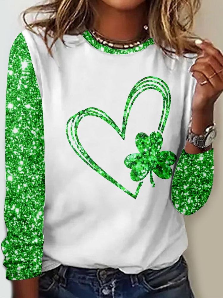 Women's St. Patrick's Day Green Funny Shamrock Printing Plants Casual Crew Neck Shirt