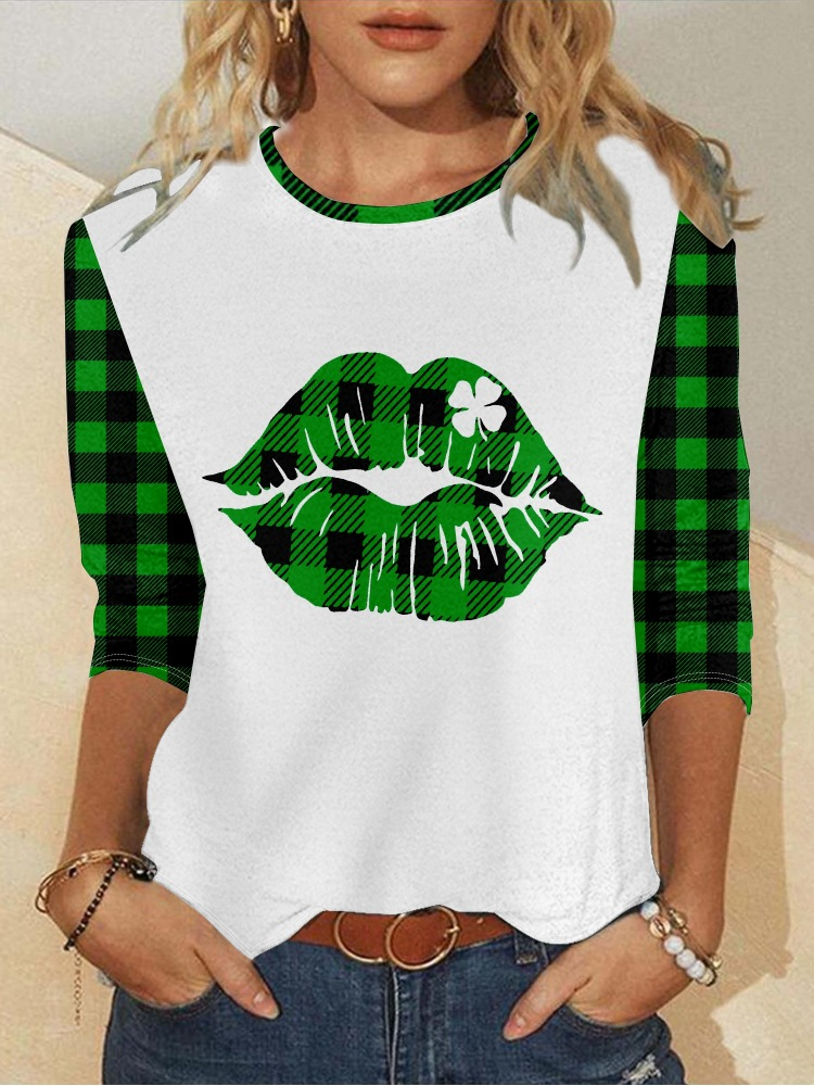 Women's St. Patrick's Day Green Buffalo Plaid Funny Graphic Printing Plants Crew Neck Regular Fit Casual Shirt