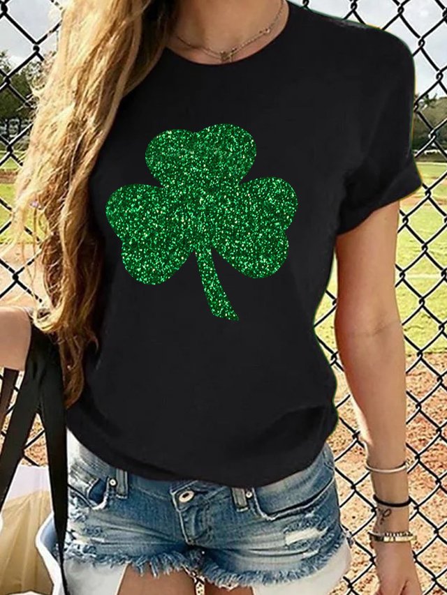 Women‘s St Patricks Day Irish Glitter Shamrock Cotton T-Shirt