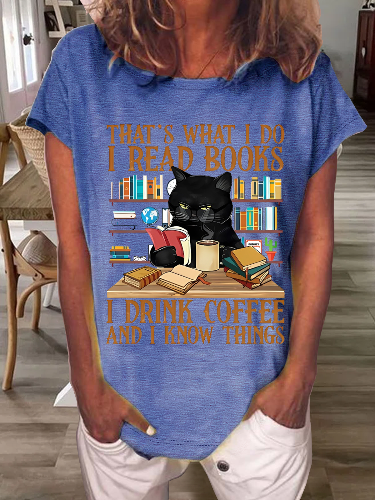 Women's Cute Cat And Book Lover Shirt That's What I Do I Read Books I Drink Coffee And I Know Things T-Shirt