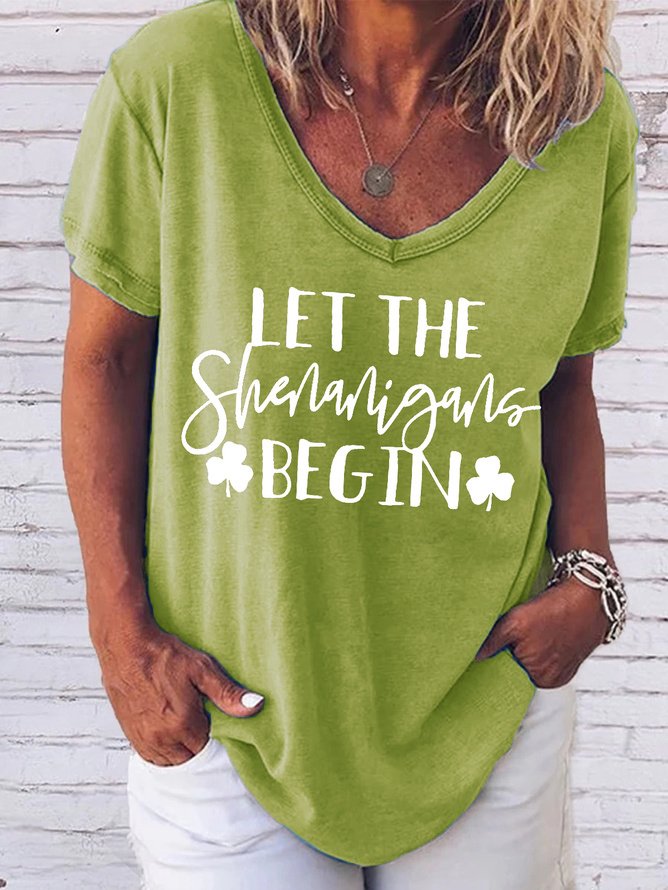 Women's Let The Shenanigans Begin Funny St. Patrick's Day Love Four Leaf Clover Lucky Graphic Printing V Neck Casual Loose Shamrock T-Shirt