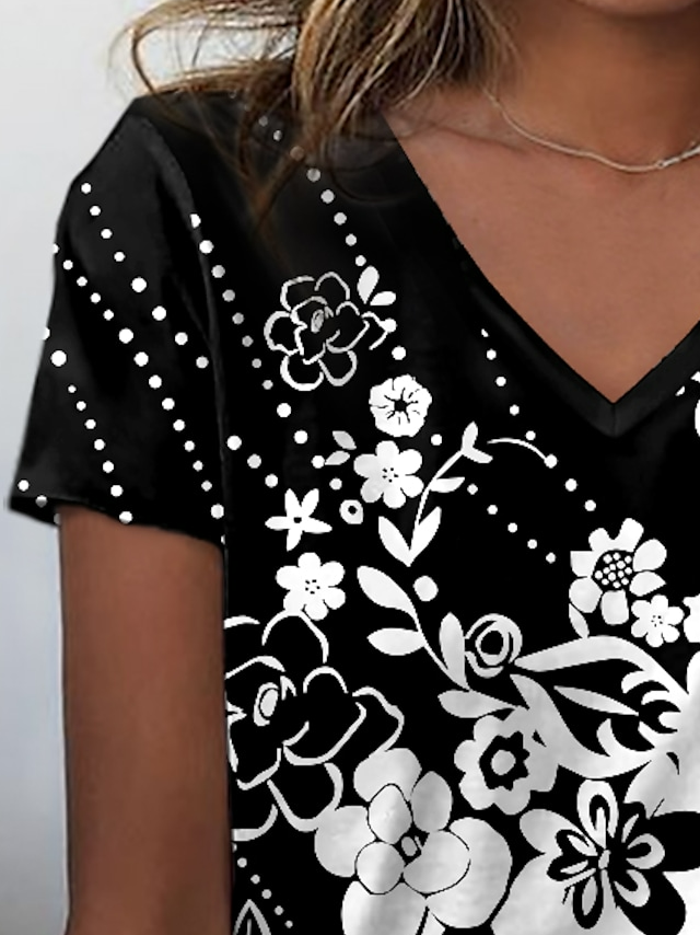 Women's V Neck T-Shirt Contrasting Floral Casual Tops