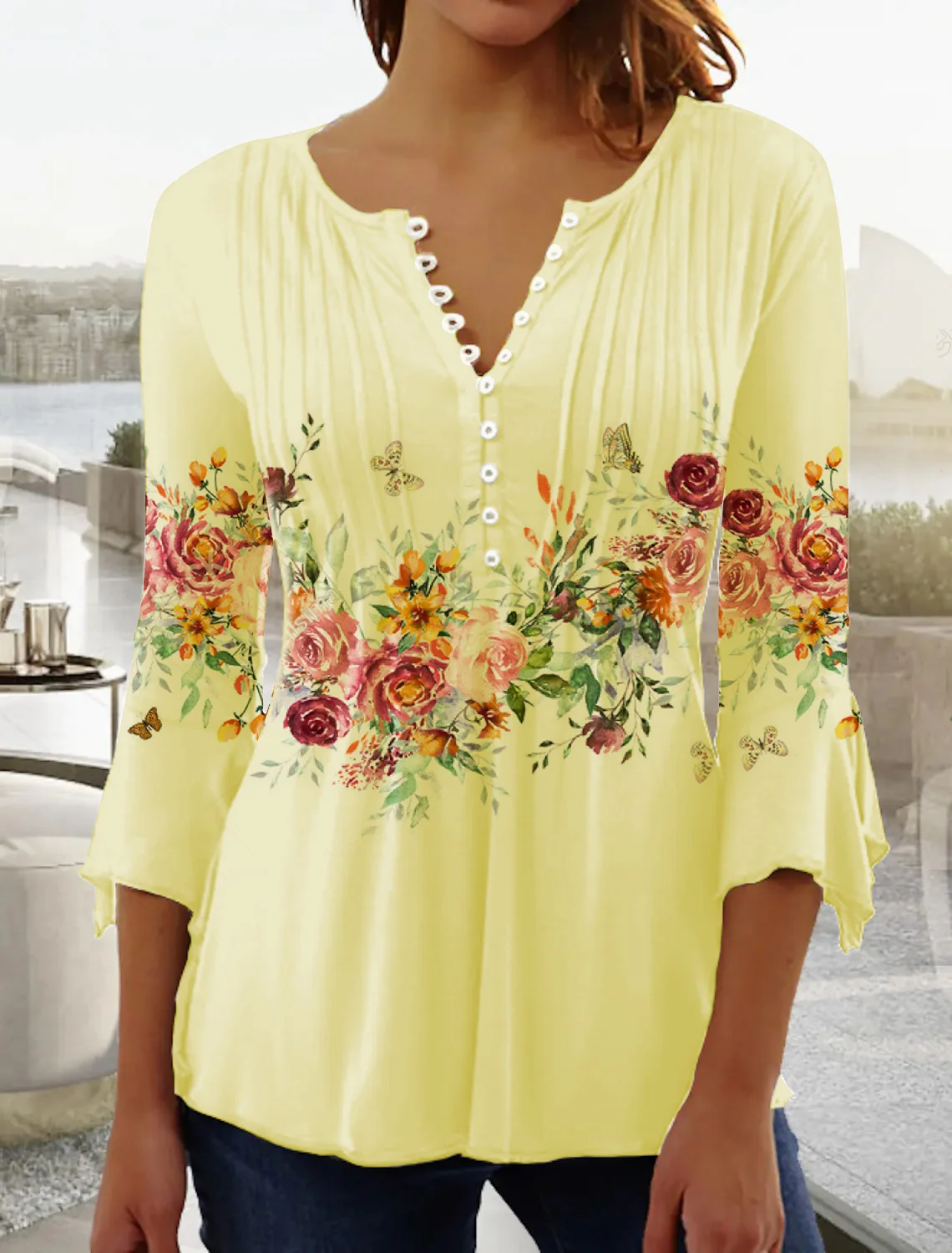 Women's Tunic Floral  V Neck Regular Fit Casual T-Shirt White Pink Blue Yellow Green Purple