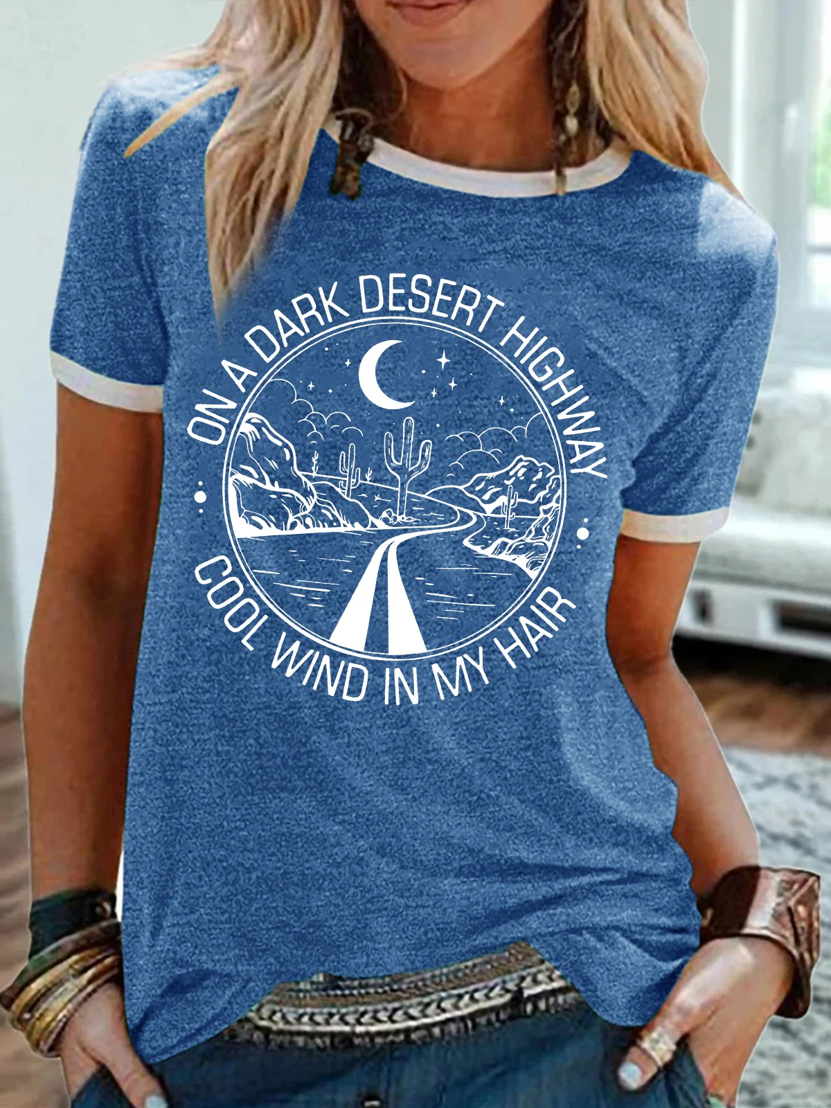 Women's On A Dark Desert Highway Cool Wind In My Hair Funny Graphic Printing Crew Neck Regular Fit Casual Cotton-Blend T-Shirt