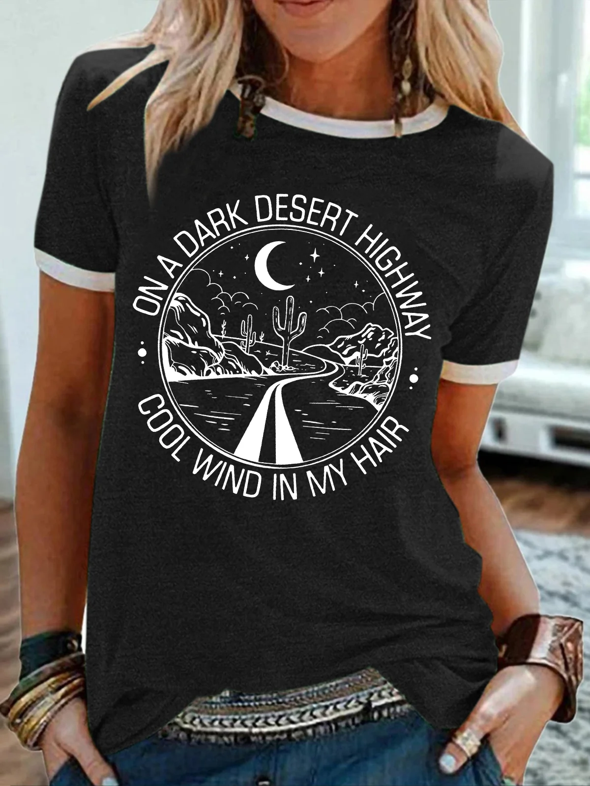 Women's On A Dark Desert Highway Cool Wind In My Hair Funny Graphic Printing Crew Neck Regular Fit Casual Cotton-Blend T-Shirt