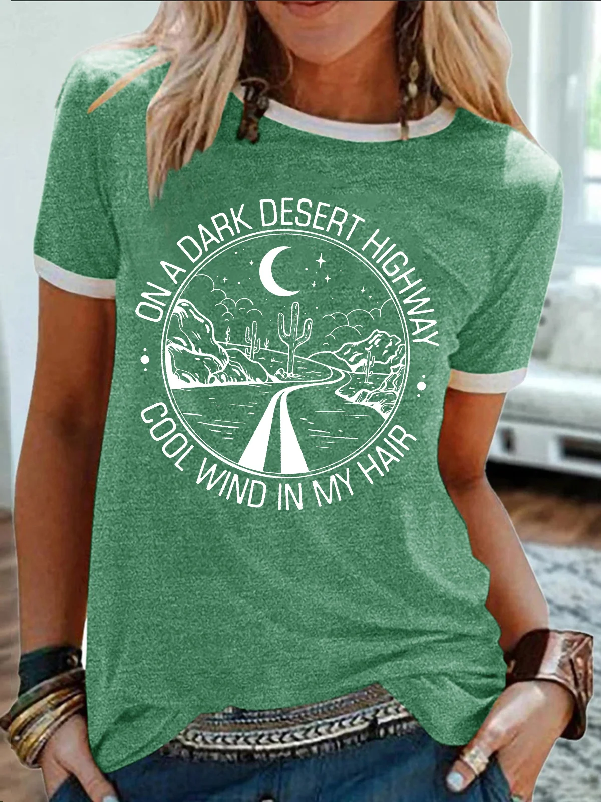 Women's On A Dark Desert Highway Cool Wind In My Hair Funny Graphic Printing Crew Neck Regular Fit Casual Cotton-Blend T-Shirt