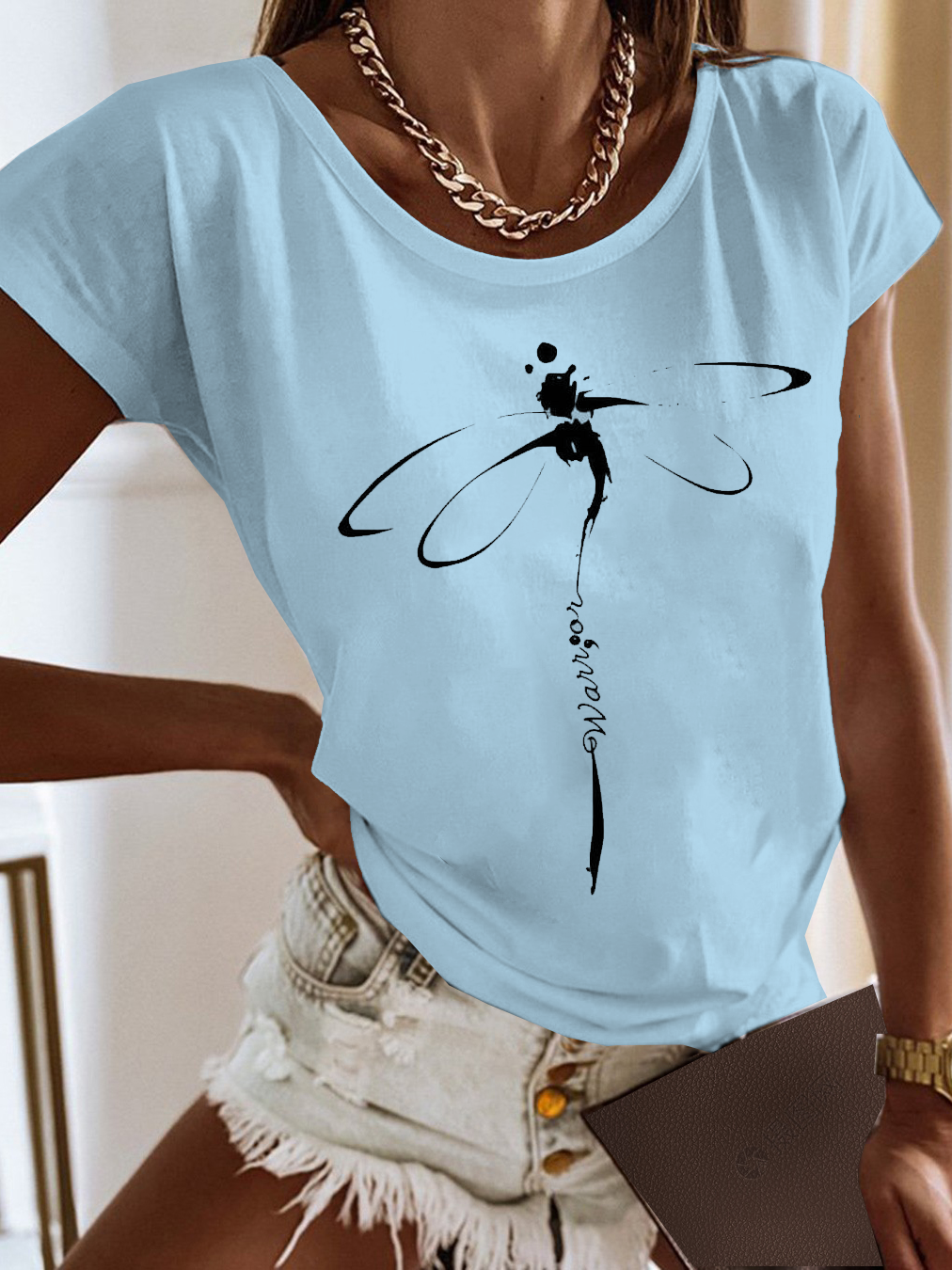 Dragonfly Print Loose T-Shirt Casual Jersey Summer Shirt
