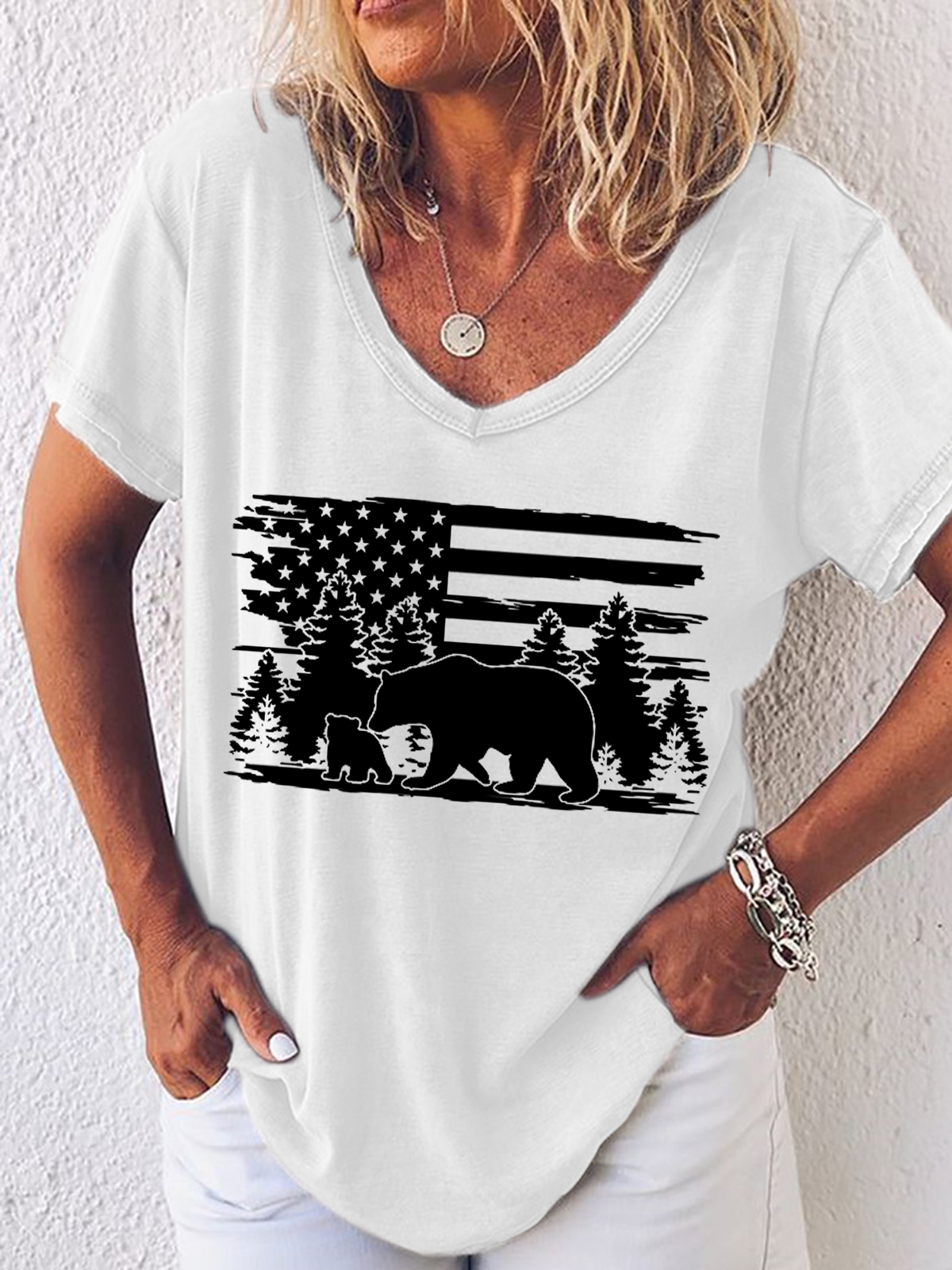 Women's Mama Bear Simple America Flag V Neck T-Shirt