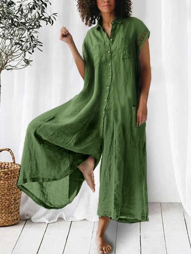 Shirt Collar Short Sleeve Solid Color Cotton Linen Jumpsuit