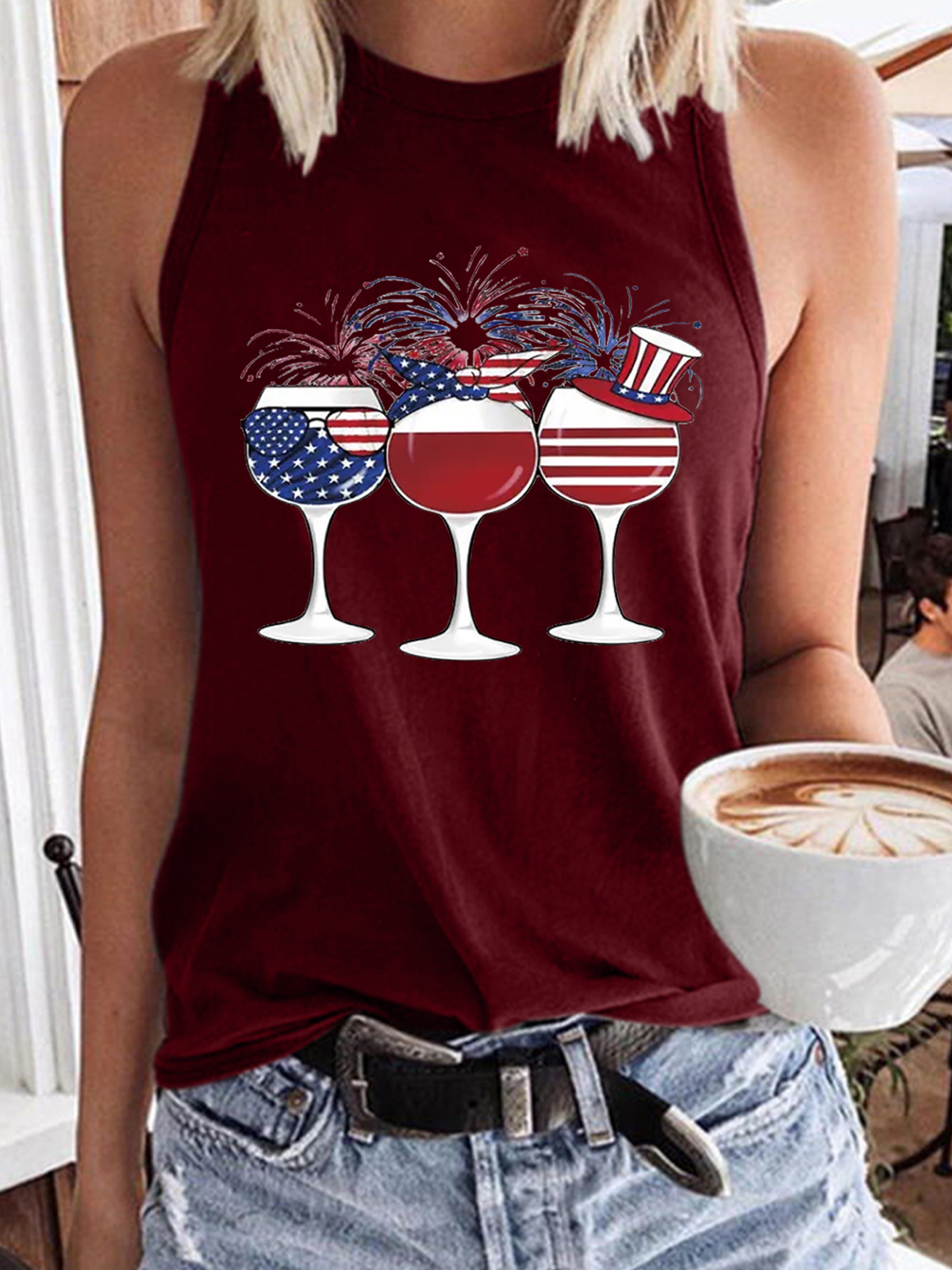 Women’s Blue & White Wine Of American Flag To Celebrate Tank Top