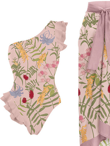 Vacation Plants Printing One Shoulder One Piece With Cover Up