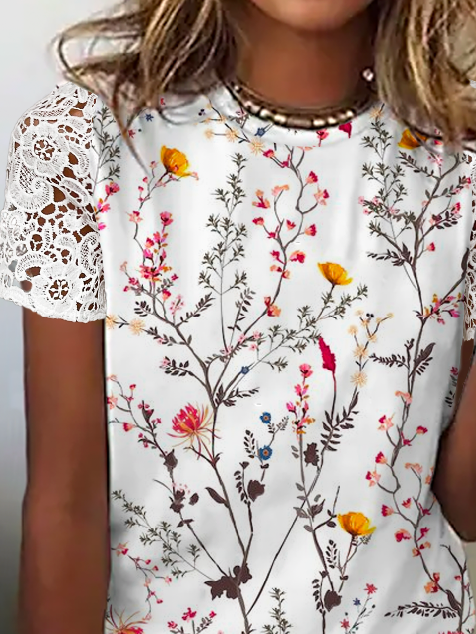 Lace Crew Neck Floral Casual Shirt