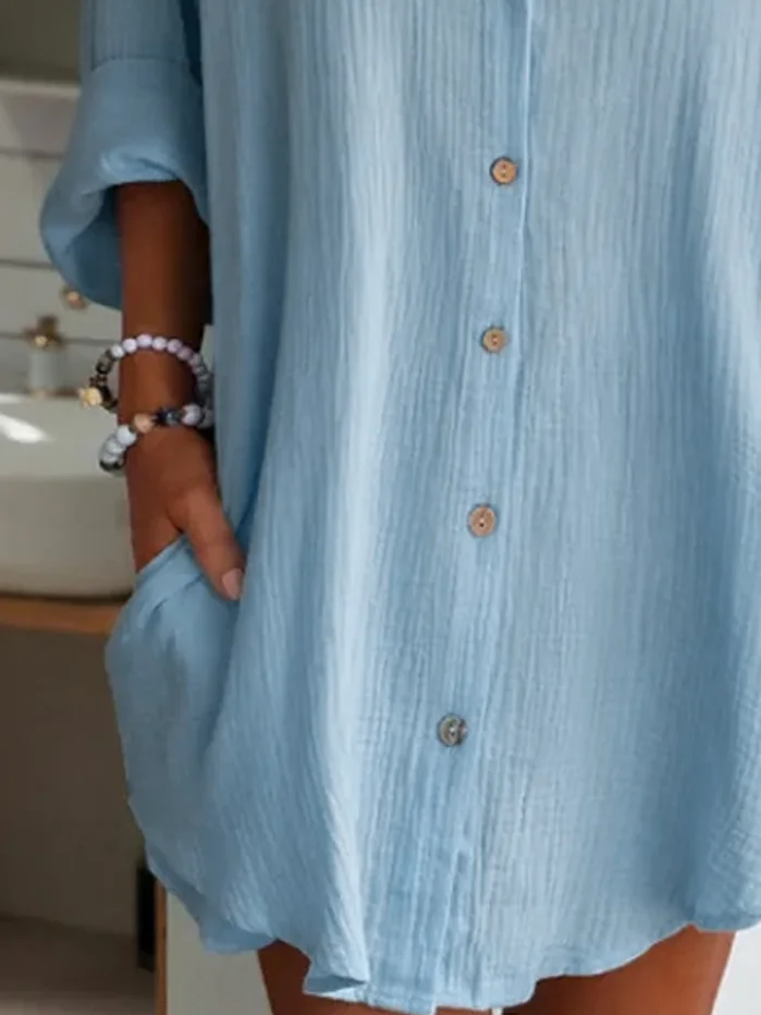 Shirt Collar Plain Buttoned Linen Dress