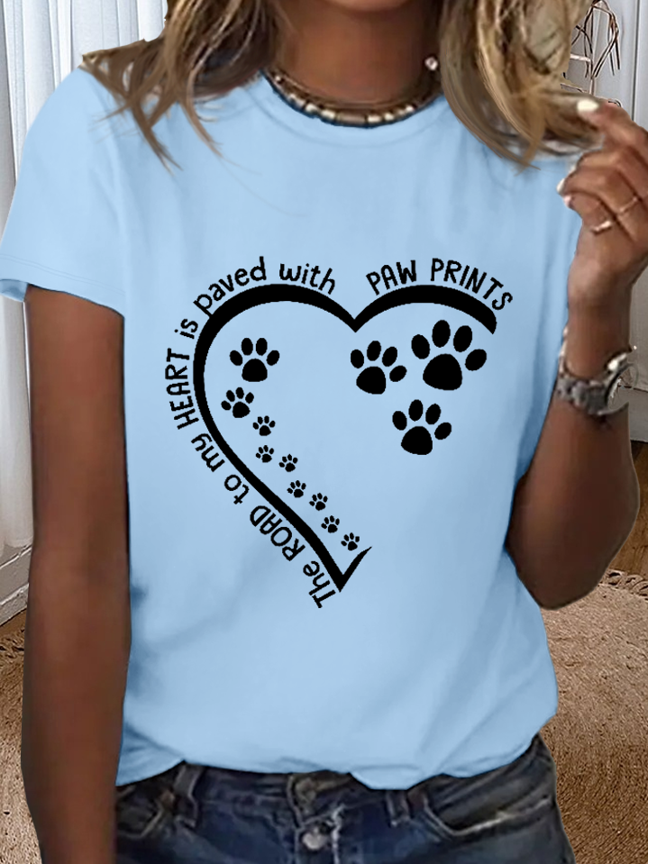 Women's Dog Lovers The Road To My Heart Is Paved With Paw Prints Loose Cotton T-Shirt Tee Top Funny Valentine's Day Gifts White Red Purple Pink Black Blue Gray