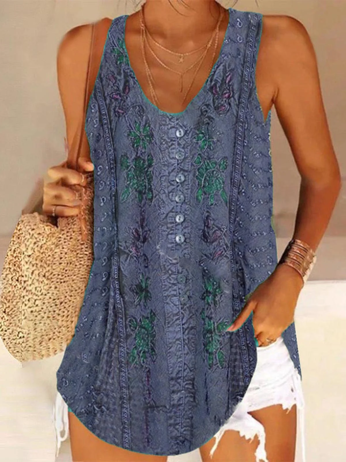 Tank Top for Women Ethnic Boho Buttoned Loose Sleeveless Tops Green ...