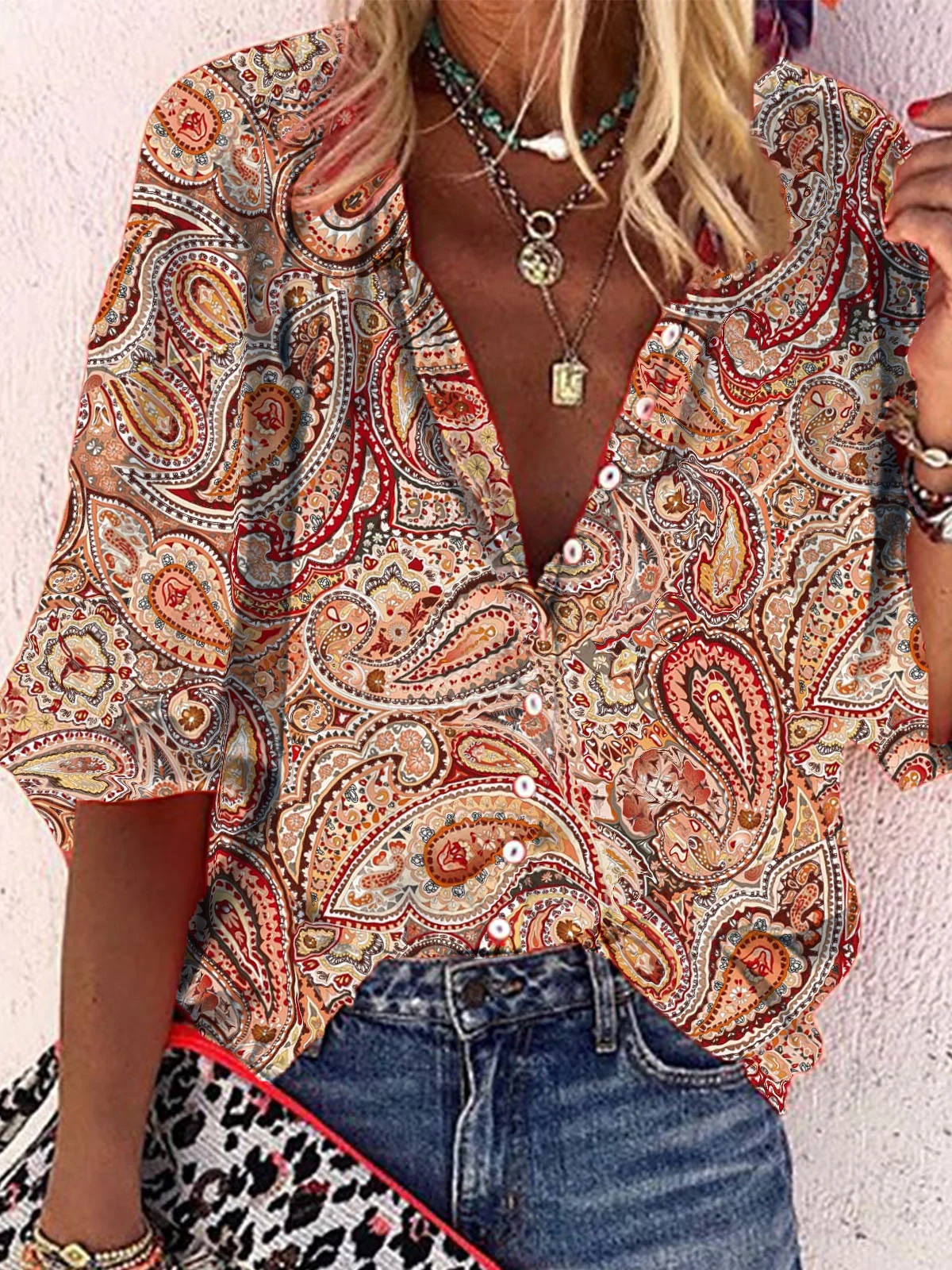 Women's Boho Blouse V Neck  Floral Vacation Shirts Brown