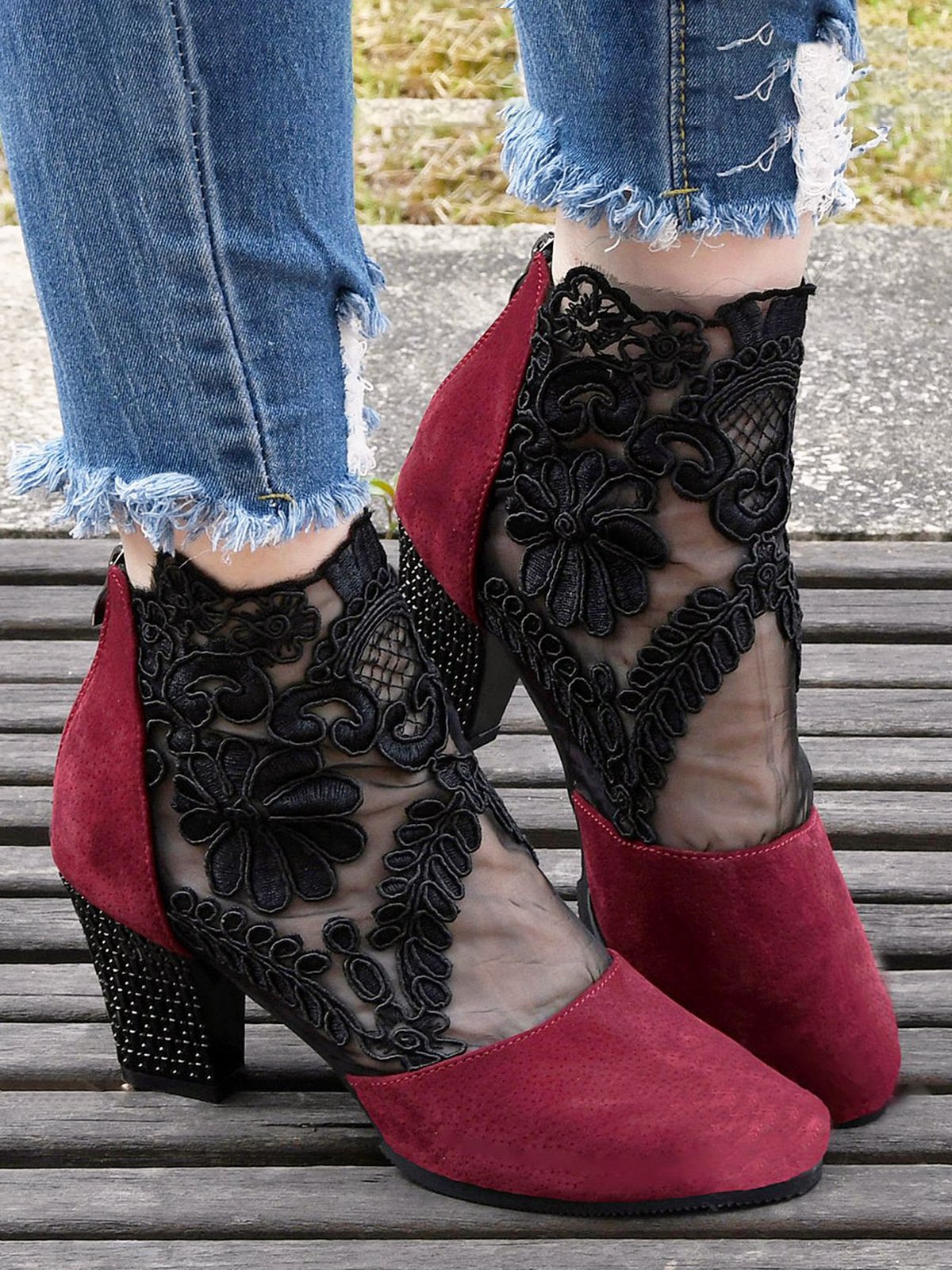 Lace Split Joint Chunky Heel Sandals Boots with Back Zip