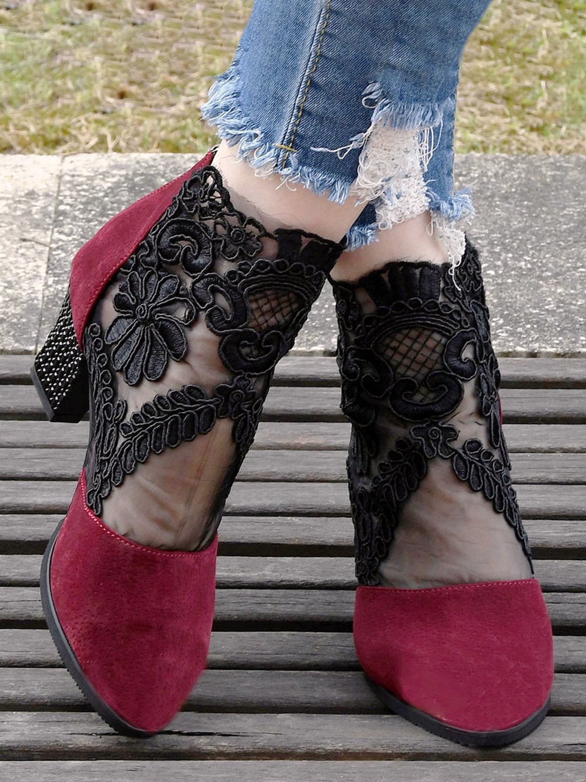 Lace Split Joint Chunky Heel Sandals Boots with Back Zip