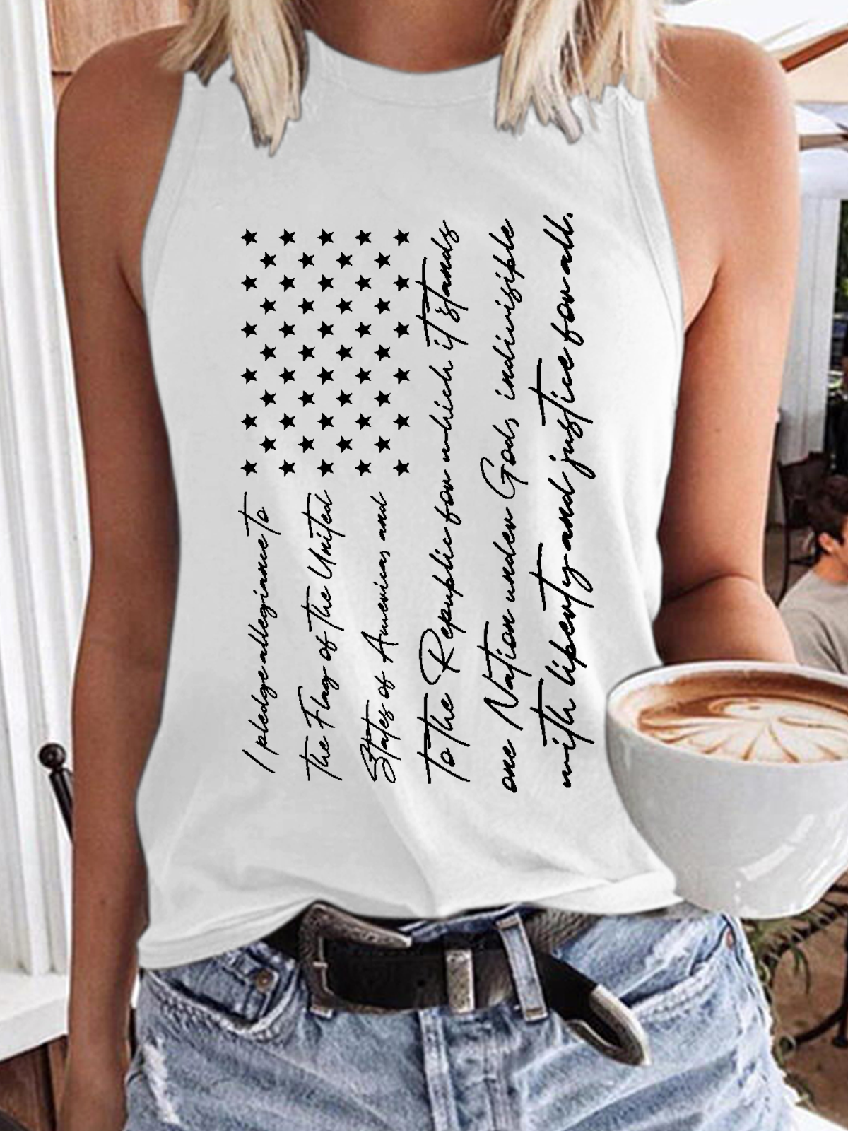 Women‘s Pledge of Allegiance America Flag 4Th Of July Flag Cotton-Blend Casual Tank Top