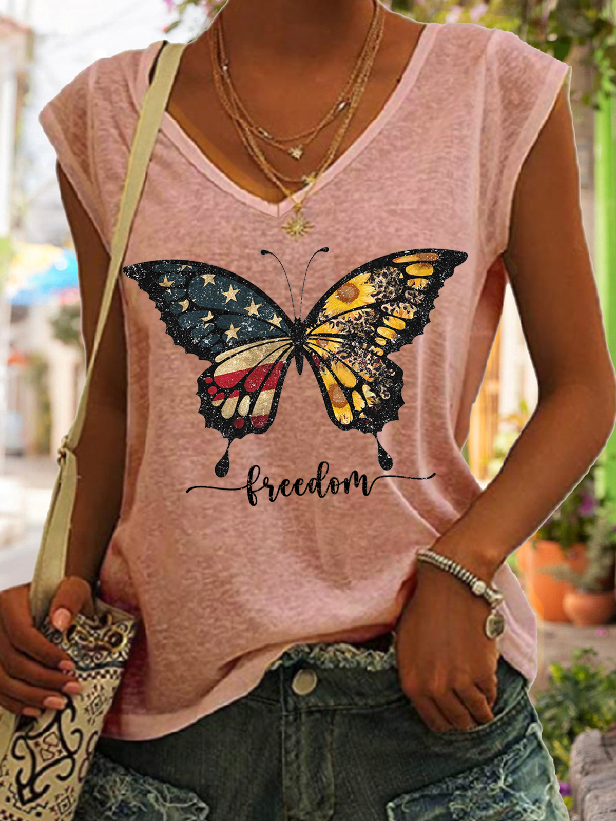 Women's Freedom Butterfly America Flag Simple Sunflower V Neck Tank Top