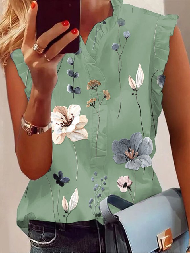 Lotus Leaf Collar Floral Casual Shirt