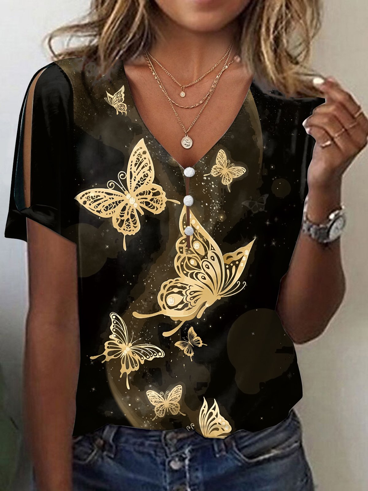 Butterfly Casual Loose V Neck T-Shirt