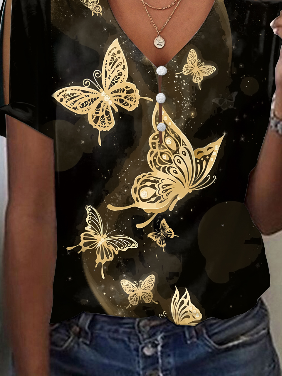 Butterfly Casual Loose V Neck T-Shirt