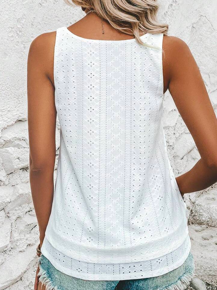 Loose Geometric Elegant Crew Neck Solid Eyelet Embroidery Tank Top