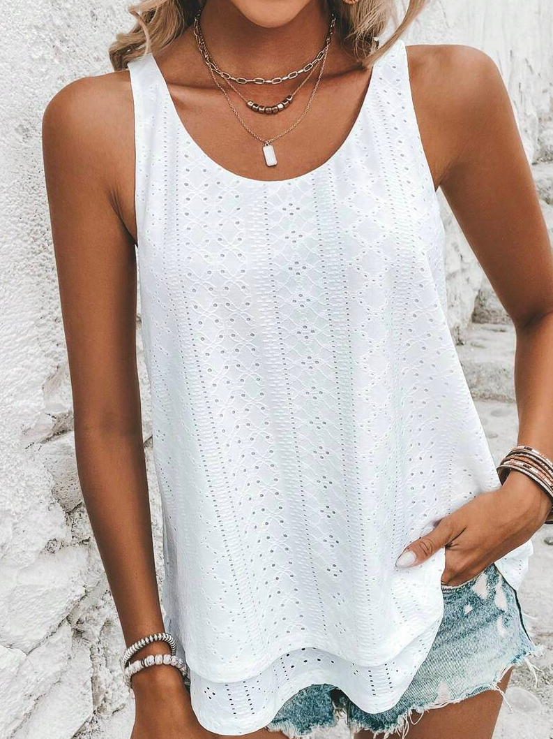 Loose Geometric Elegant Crew Neck Solid Eyelet Embroidery Tank Top