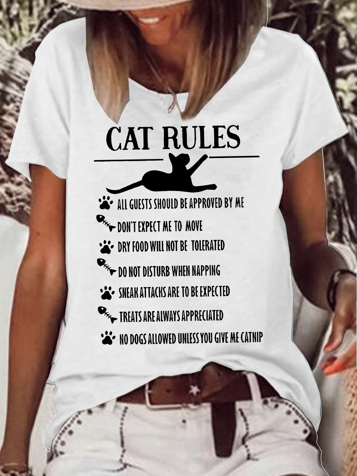 Women's Funny Cat Rules Graphic Printing Cotton-Blend Cat Casual Crew Neck T-Shirt