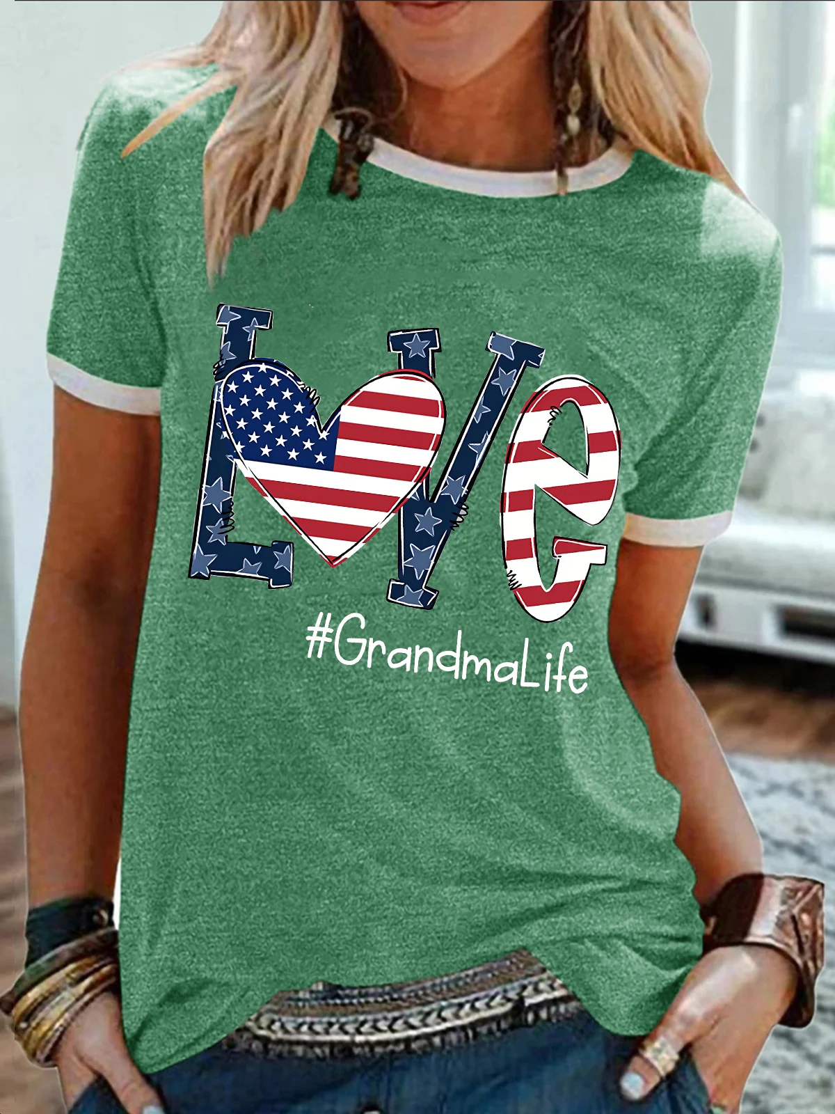 Women's Funny Love Grandma Life America Flag Graphic Printing 4th Of July Regular Fit Cotton-Blend Casual Text Letters T-Shirt