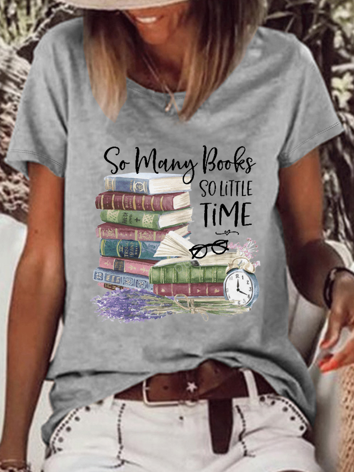 Women's So Many Books SO Little Time Cotton-Blend Cat Casual T-Shirt