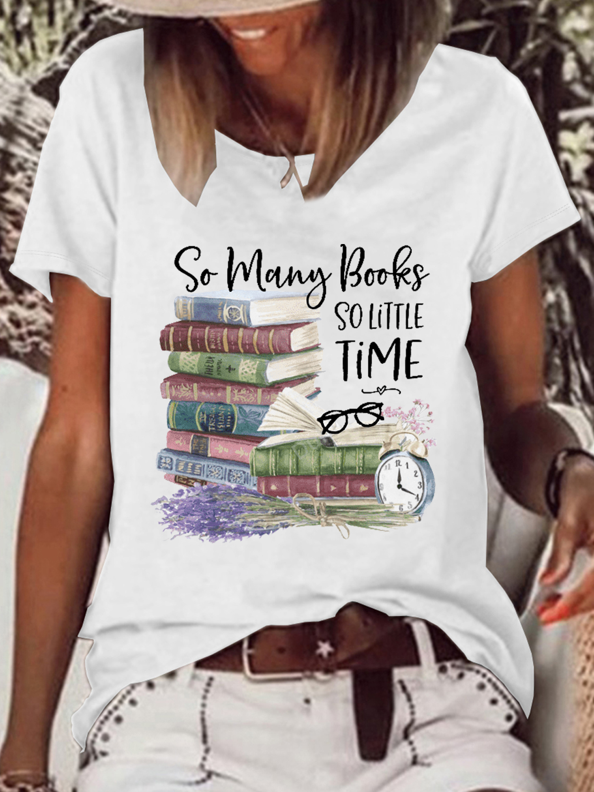 Women's So Many Books SO Little Time Cotton-Blend Cat Casual T-Shirt