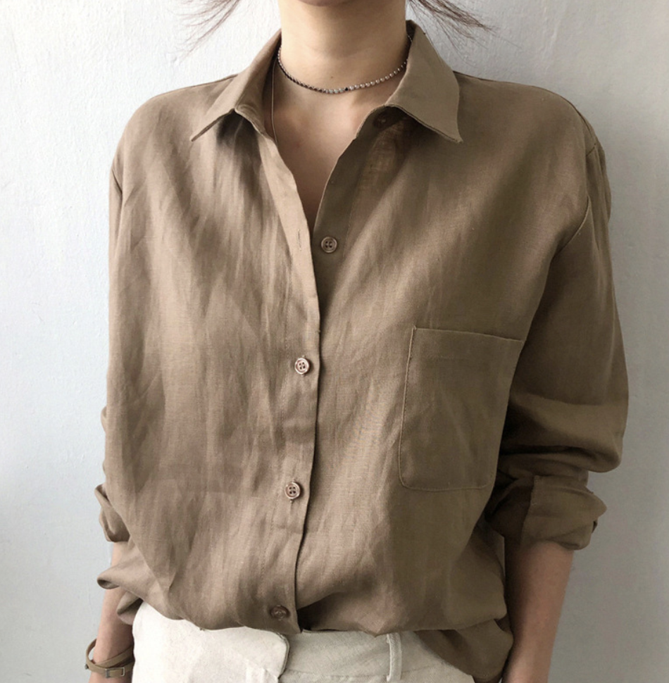 Loose Plain Shirt Collar Casual Blouse