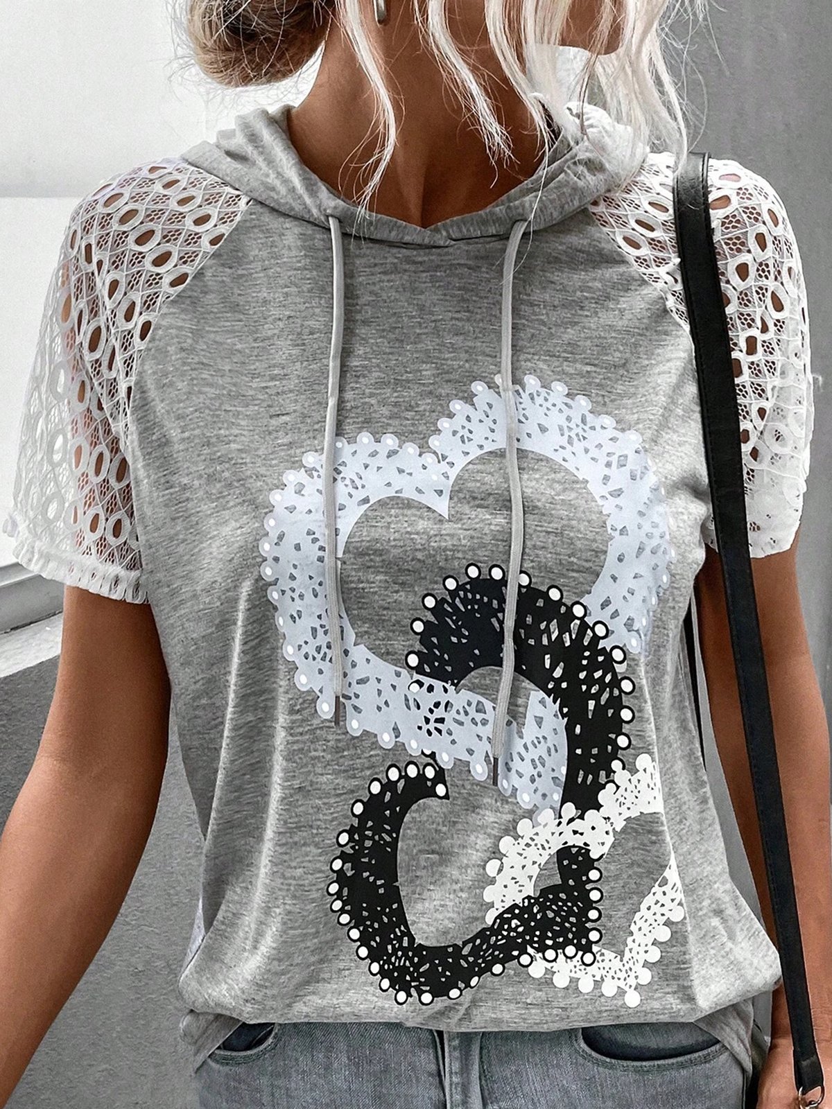 Heart Print Contrast Lace Raglan Sleeve Drawstring Hooded Tee