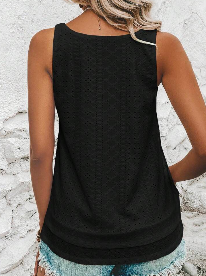 Loose Geometric Elegant Crew Neck Solid Eyelet Embroidery Tank Top