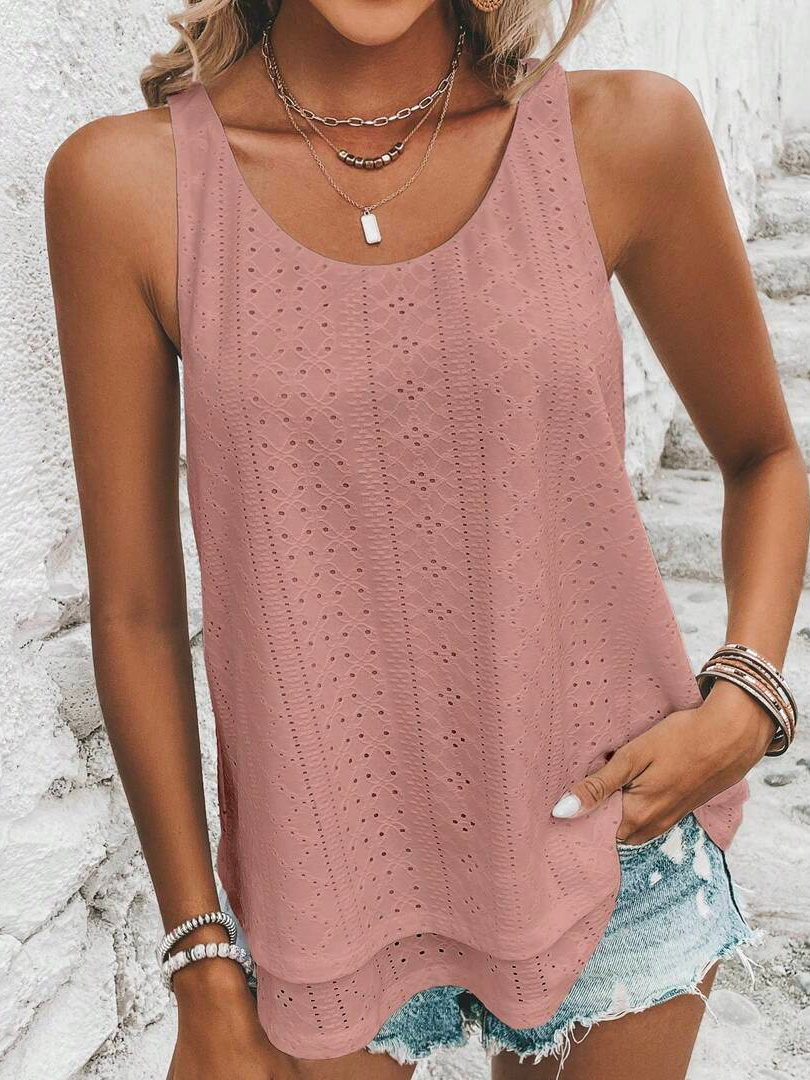 Loose Geometric Elegant Crew Neck Solid Eyelet Embroidery Tank Top