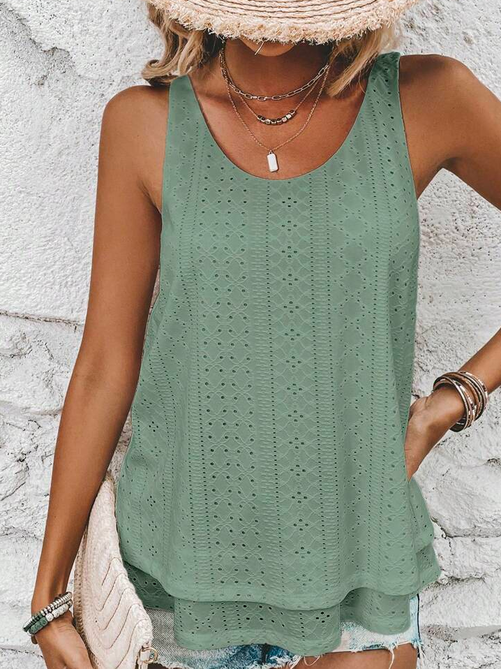 Loose Geometric Elegant Crew Neck Solid Eyelet Embroidery Tank Top