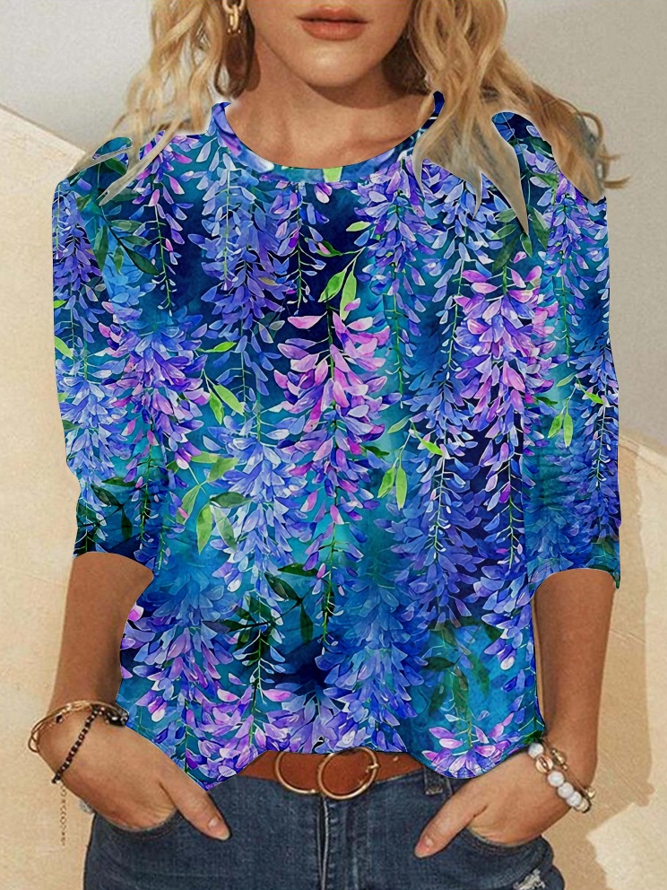 Women's Simple Regular Fit Blue Floral Crew Neck Shirt