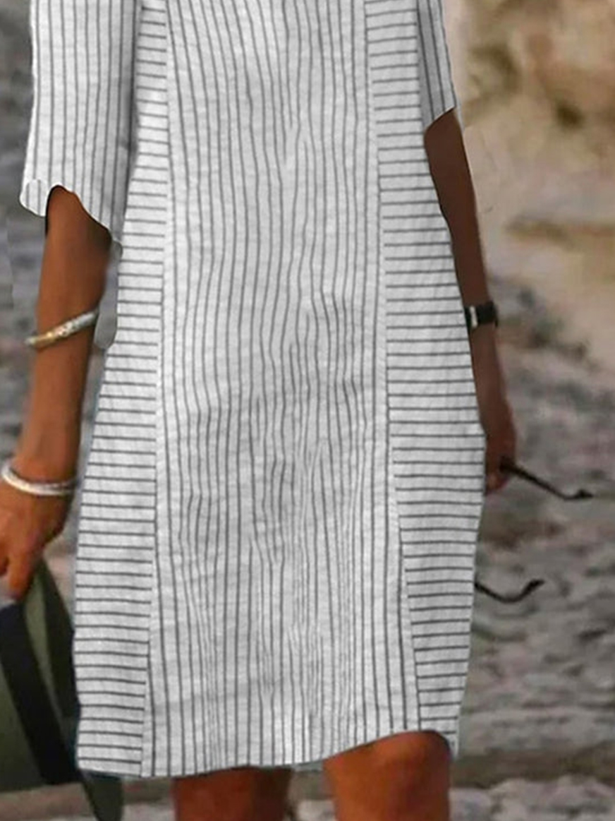 Casual V Neck Loose Striped Dress With No